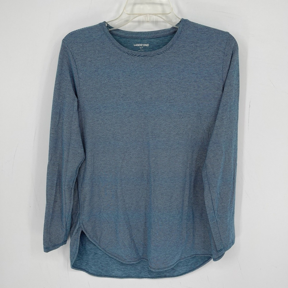 Lands' End Women's Blue Striped Stretch Crewneck Long Sleeve Top T-Shirt Size MP